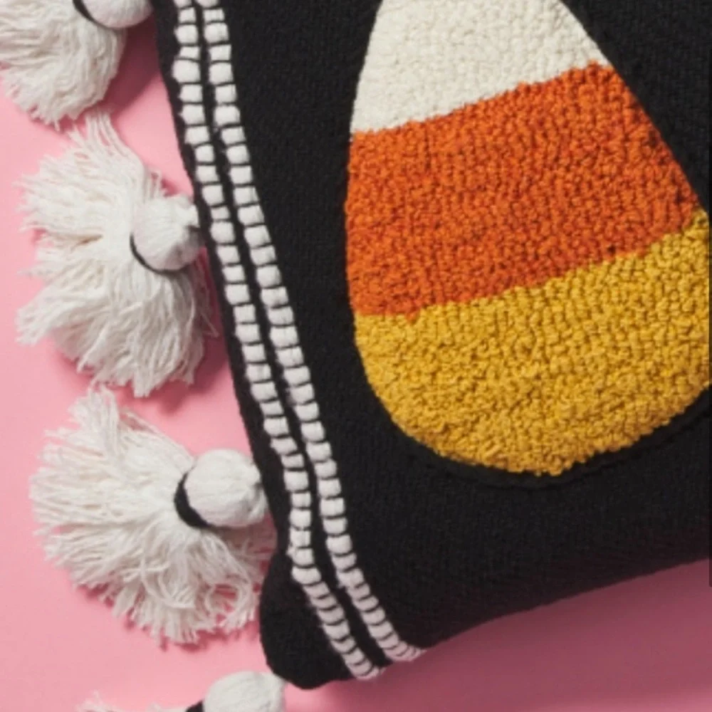 Candy Corn Halloween Tufted Embroidered Tassel Pillow Black Yellow Orange